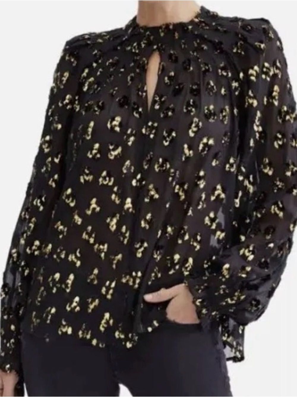 7 For All Mankind Black Blouse with Gold Foil Dot Print Sz L